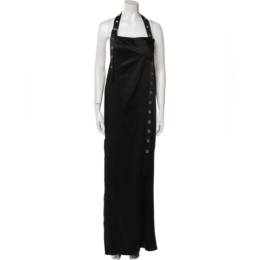 Off-White Belted Satin Halter Neck Evening Maxi Dress